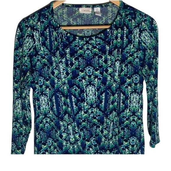 Chicos Blue Green Print Blouse Small Long Sleeve Stretch Work Top - Picture 2 of 12